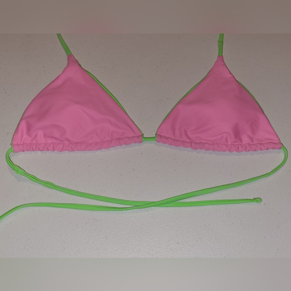 Neon Green and Pink Triangle String Bikini Top, Medium